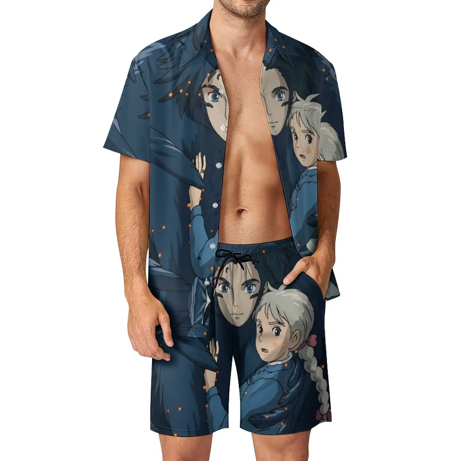

Howls Moving Castle Howl Men Sets Sophie Casual Shirt Set Streetwear Vacation Shorts Summer Suit Two-piece Clothing Plus Size
