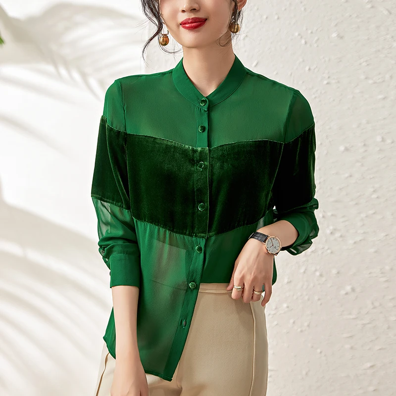 Fashion Woman Blouses 2022 Elegant Shirts For Women Long Sleeve 100% Real Silk Velvet Women's Vintage Shirt Sexy Blouse Tops