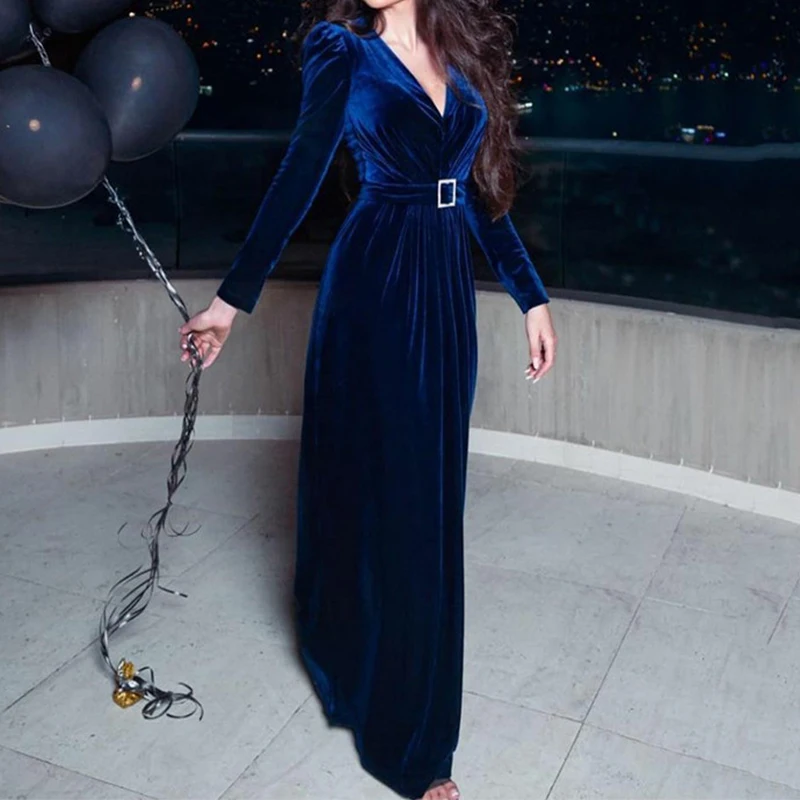 

Женское бархатное вечернее платье, синее платье с V-образным вырезом, с рукавом «Анжелика», для выпускного вечера, 2022