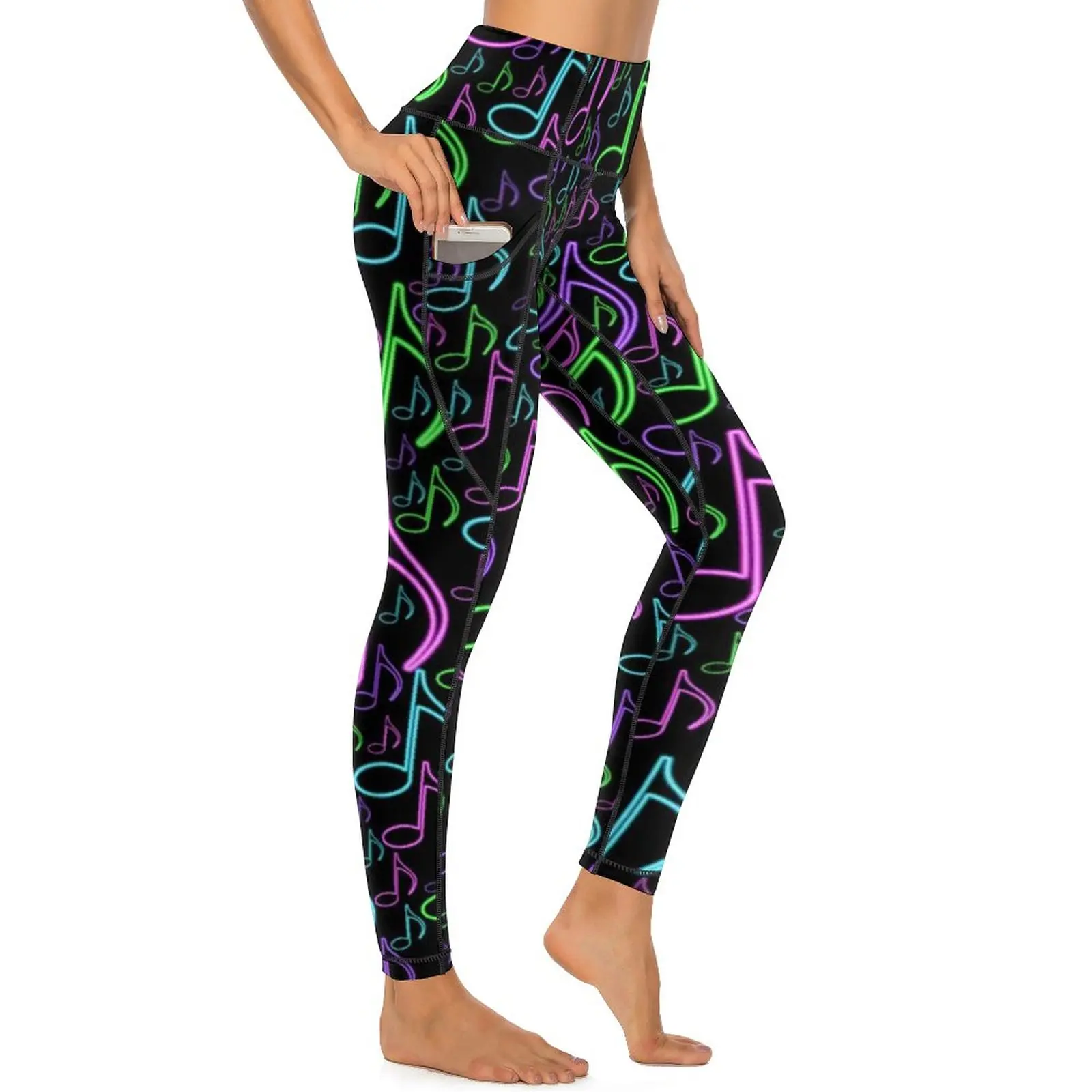 

Colorful Music Leggings Sexy Notes Random Print Fitness Running Yoga Pants Stretch Sports Tights Pockets Elegant Design Leggins