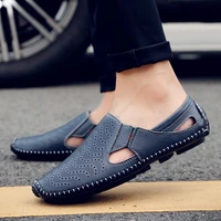 genuine leather mens loafers summer hollow sandals mens hand stitched lazy peas shoes fashion all match driving shoes men