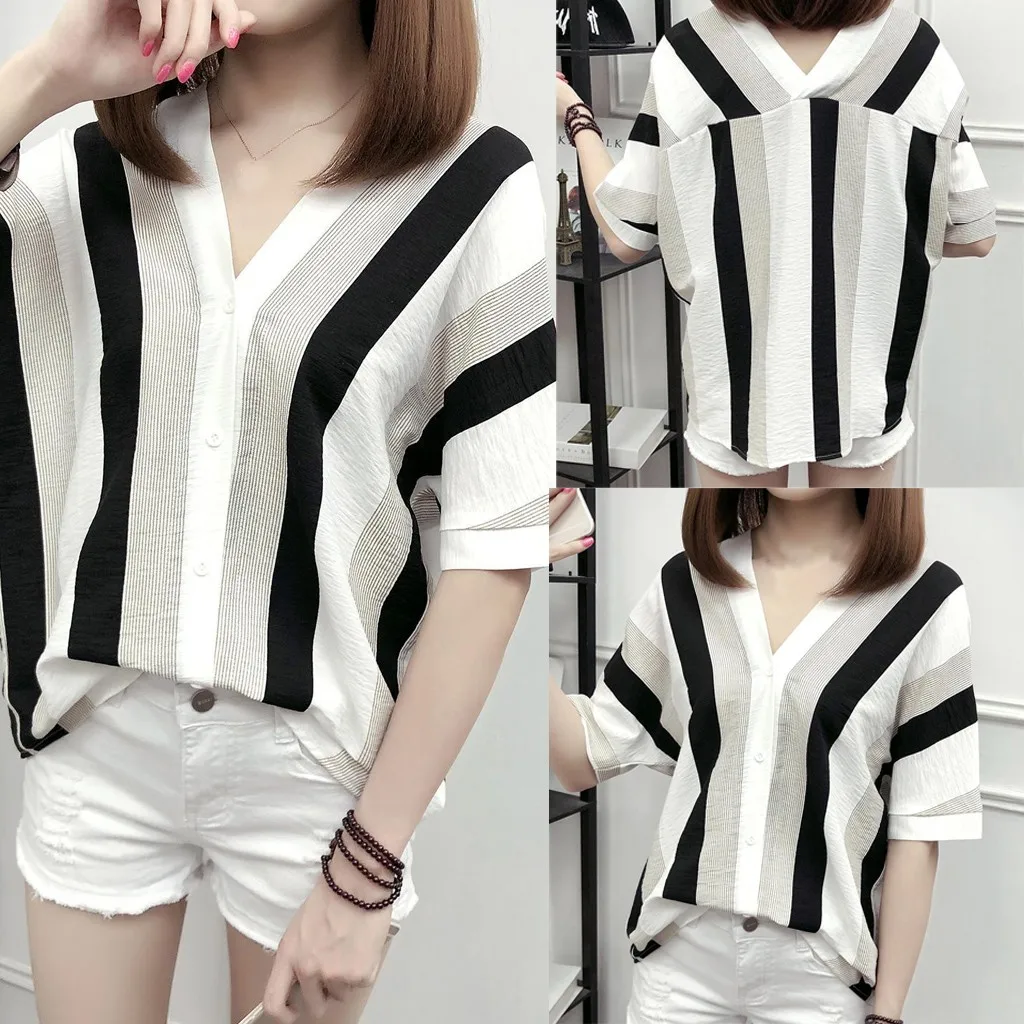

Top Short Blouse Stripe Women Leisure Shirt Loose Fashion Sleeve V-Neck Women's Blouse