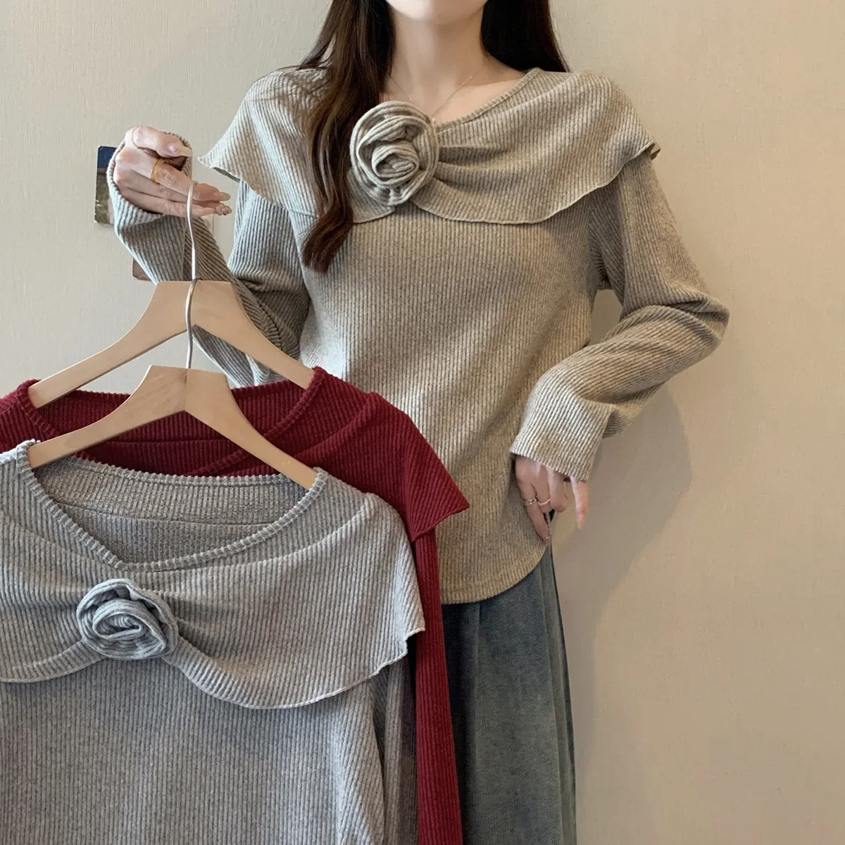 2024 Autumn High-End Feel Ancolar Red 3D Flower Knitted Top Slims You And Smooths Your Silhouette Inner 63753