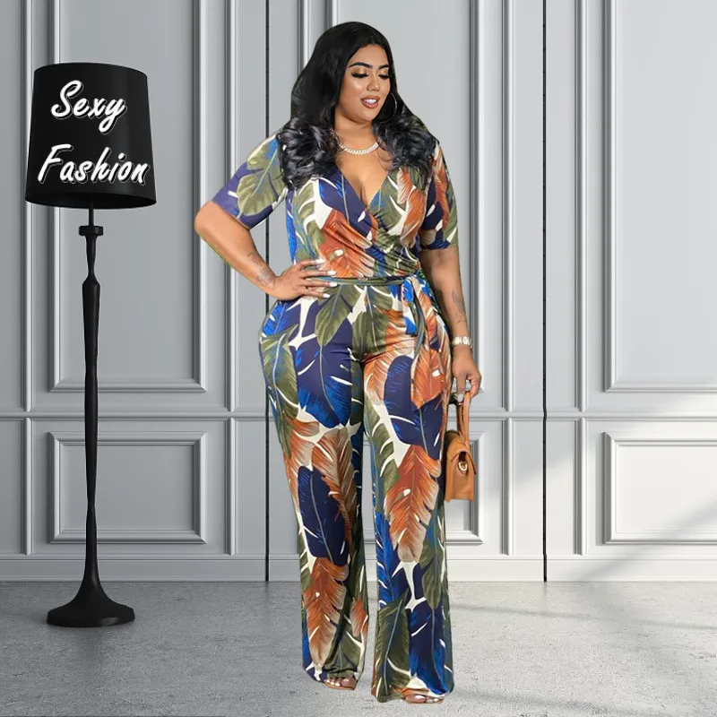 

Женский комбинезон с коротким рукавом, V-образным вырезом и широкими штанинами