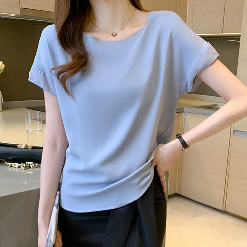 

Blouses for Women 2022 Summer Fashion Clothing Femme Elegantes Casual Chiffon Solid Womens Tops Blusas Shirts Short Sleeve 149A