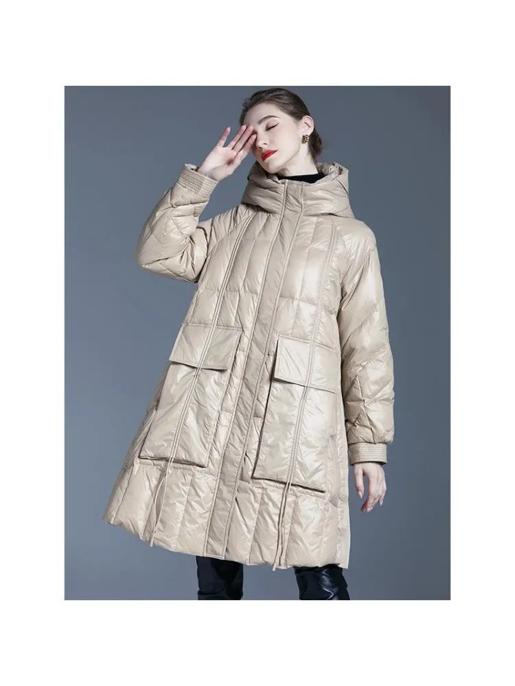 European Station 2022 Winter Long Hooded Thicked 90 White Duck Down Coats Women Black Loose Padded Warmer Cloth Jackets