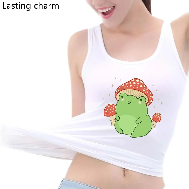 

Cute Frog Mushroom Hat Cottagecore Aesthetic Design Tank Top Women's Anime Style Sleeveless Tee Shirt Leisure Trendy Tops