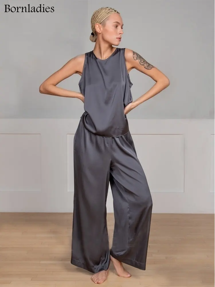 

Bornladies Women Pajama Suit Spring Summer Female Homewear Sets Sleeveless Crossed Back Vest & Loose Trousers Two Piece Sets