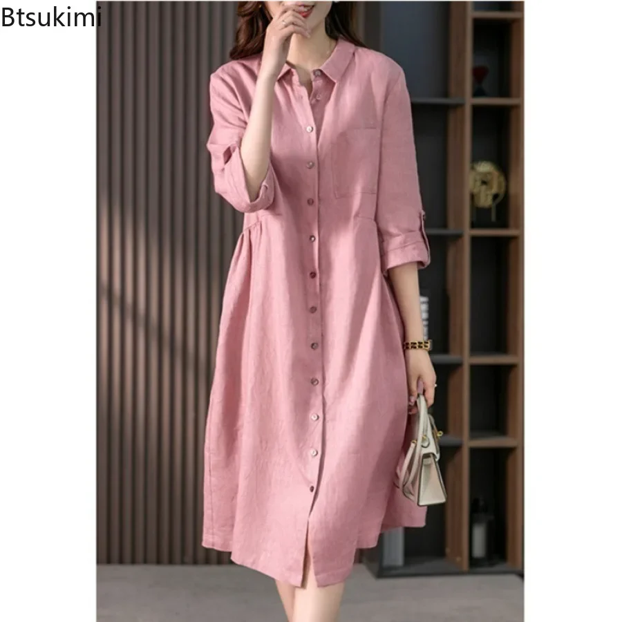 2024 летнее модное хлопково-льняное платье-рубашка для женщин удобное свободное