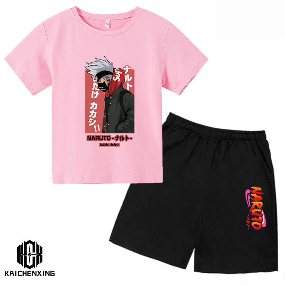 

Cotton Naruto Tshirt Kids Kakashi Sharingan Summer T shirt Set Men Women Shorts Girls Mario Pokemon T-shirt Girls Clothing