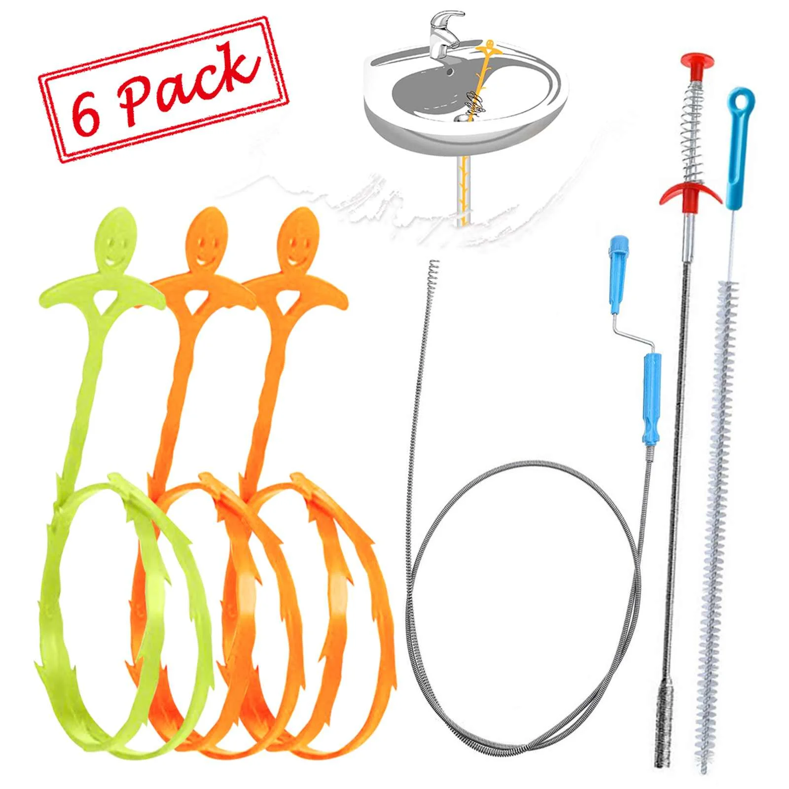 

6pcs Spring Pipe Dredging Tools 1.8m Drain Snake Cleaner Brush Sticks Clog Remover Cleaning Tools Household for Kitchen Sink