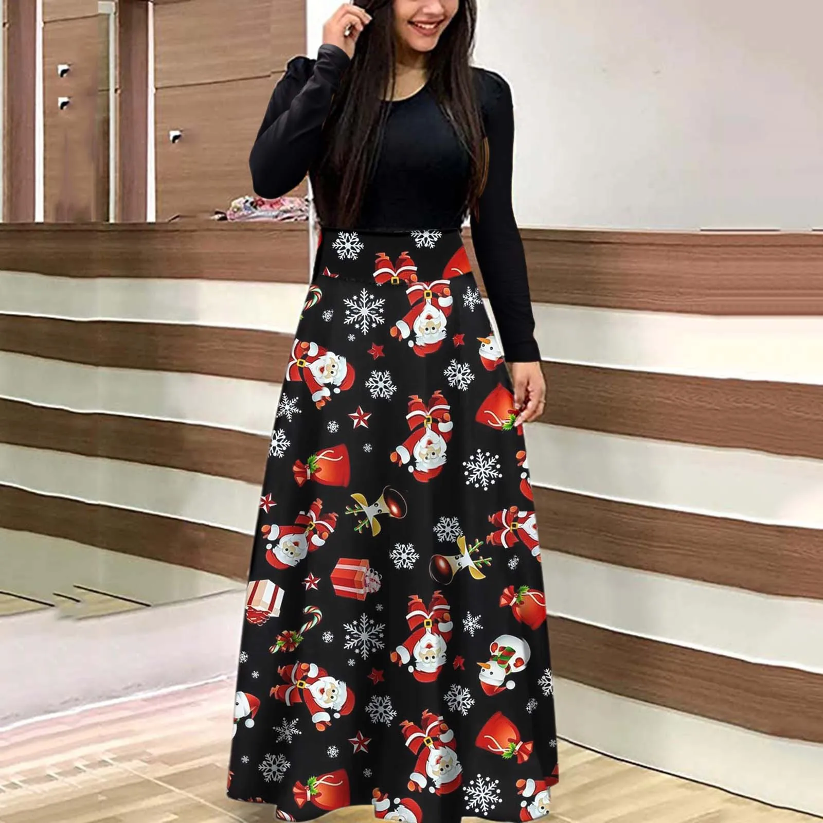 

Women Christmas Dress Printed Long Sleeve Round Neck Ankle-Length Dress Casual Loose Long Maxi Dress Long Cotton Dress