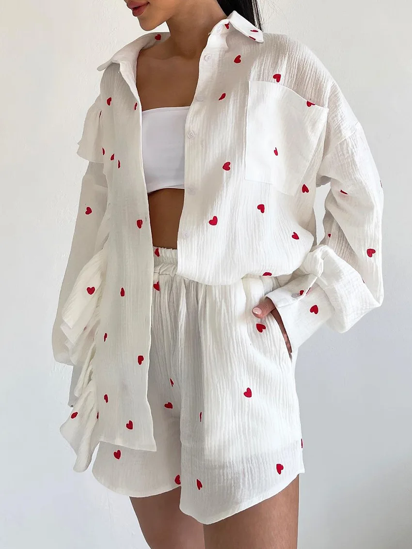

Summer Women'S Sportswear 2023 Two-Piece Thin Cotton Linen Shirt And Shorts Heart Print Long Sleeve Blouse Short With Pocket