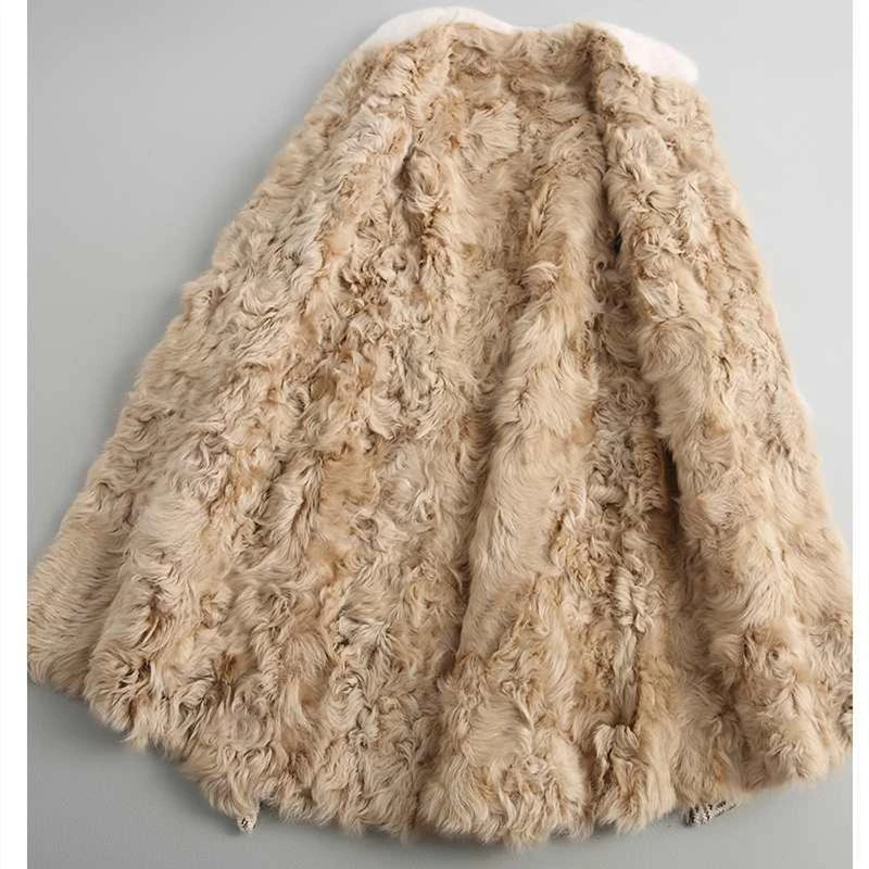 New Winter Tweed Wool Real Fur Coat Women High Quality Thick Warm Mink Fur Lace Up Medium Long Jacket Famale Clothing Parkas Top