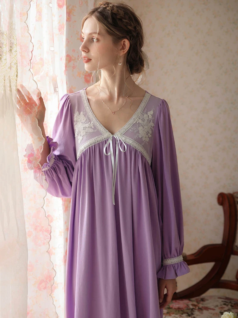 Women Pure Cotton Ruffles Vintage Nightgowns Robe V-Neck Long Dress Victorian Romantic Princess Sleepwear Nightdress Homewear