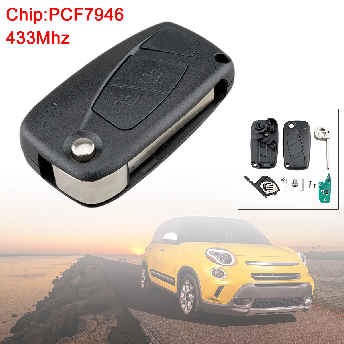 

433Mhz 2 Buttons Flip Remote Car Key Fob with PCF7946 Chip Black Keyless Entry Transmitter for Fiat 500 Panda Bravo Punto Ducato