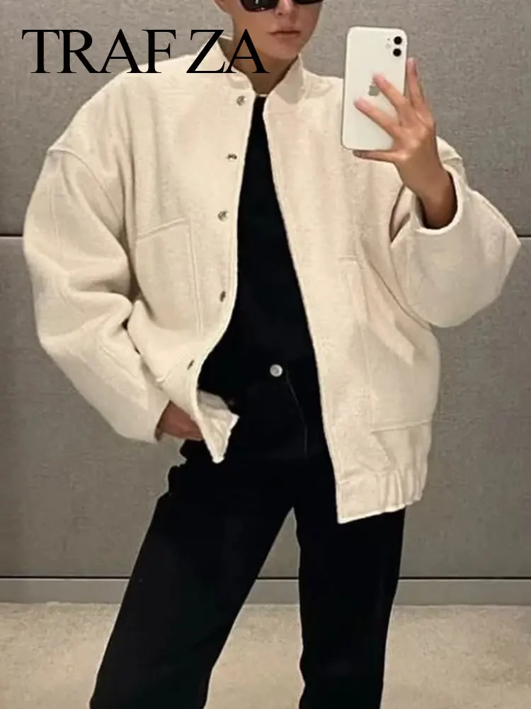 TRAFZA Women's Casual Loose Jacket Coat With Pockets Vintage Solid Single Breasted Long Sleeve Bomber Jacket Spring Chic Outwear