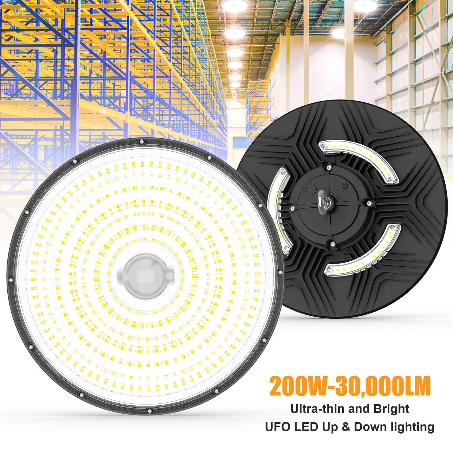 

UFO LED High Bay Light 200W 28,000lm Up and Down Lighting 5000K Daylight Commercial Warehouse Area Light 5' Cable 120V US Plug