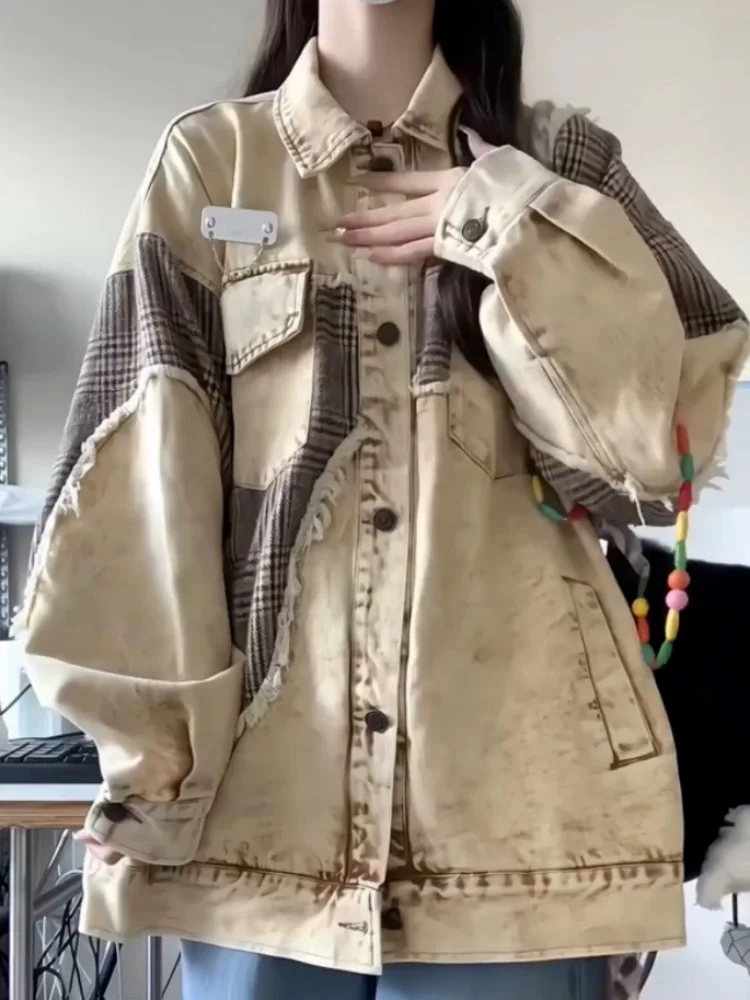 Куртка женская джинсовая в клетку Асимметричная Повседневная Свободная