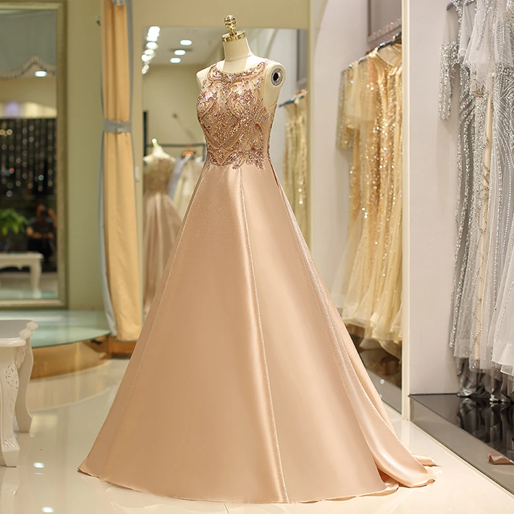 

YOUXI Luxury Gold Evening Dress 2022 Gorgeous Satin Beaded Beading Crystal Rhinestone Long robe de soiree Formal Gown