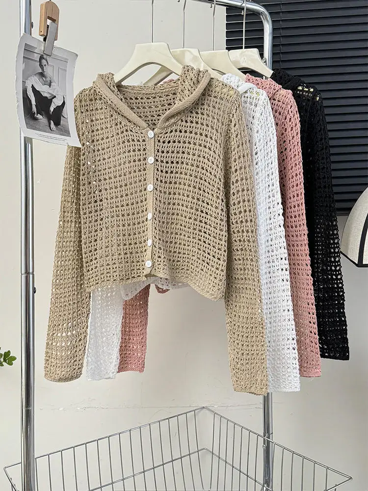 Однотонные вязаные кардиганы с вырезами женские весенне-летние тонкие