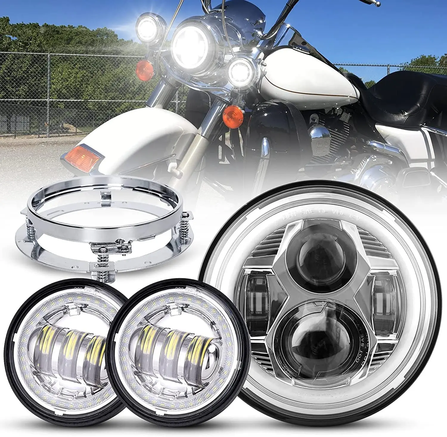 

7 Inch LED Headlight With DRL + 4.5 Inch Passing Lamps Fog Lights Kit With for Harley Electra Glide,Road King,Fat Boy,CVO,Chrome