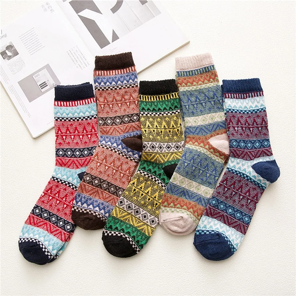 5 Pairs High Quality Autumn and Winter Thickened Men's Wool Socks Ethnic Striped Thickened Warm Casual Men Socks Dropshipping
