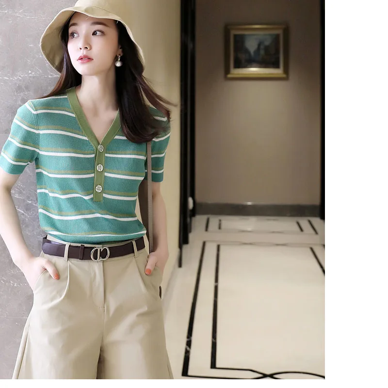 

22 new summer knitted short-sleeved women's casual stitching V-neck slim 100% cotton top short half-sleeve pullover T-shirt