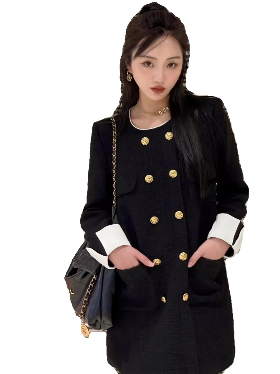 Plus Size Retro Double Breasted Black Dress Women 2024 Autumn and Winter Plus size Chubby Girl High-Grade Temperament Slimmin...