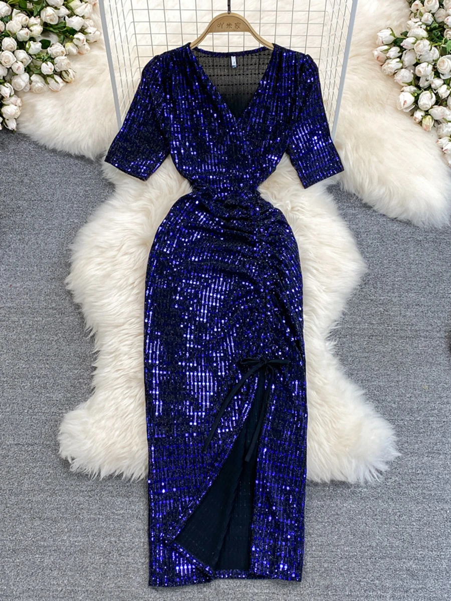 

Женское облегающее платье с блестками, синее/золотистое/серебристое блестящее вечернее платье с коротким рукавом и завязками, элегантное п...