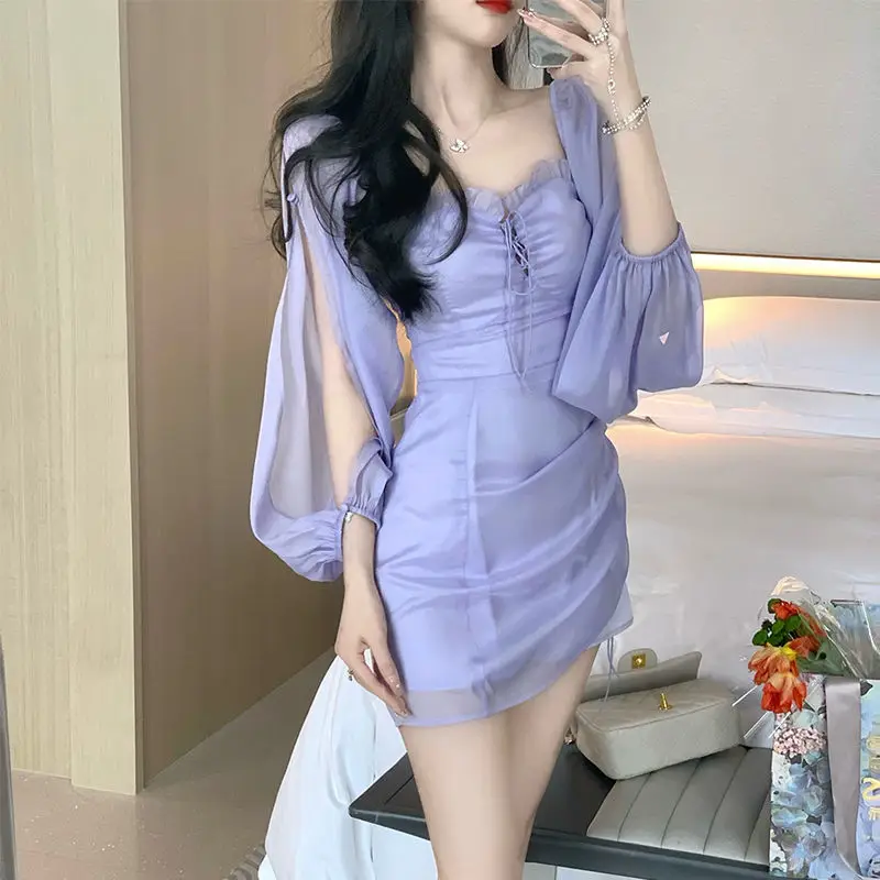 

Vintage Women Purple Square Collar Ruffles Chiffon Dress Fairy Off Shoulders Split Lantern Pleated Lace Up Dress A-Line Vestidos