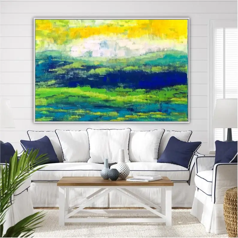 

Wall Art Landscape, Canvas Wall for Bedroom Blue Green Yellow, Rectangular Wall Art, Horizontal Wall Art Mountain