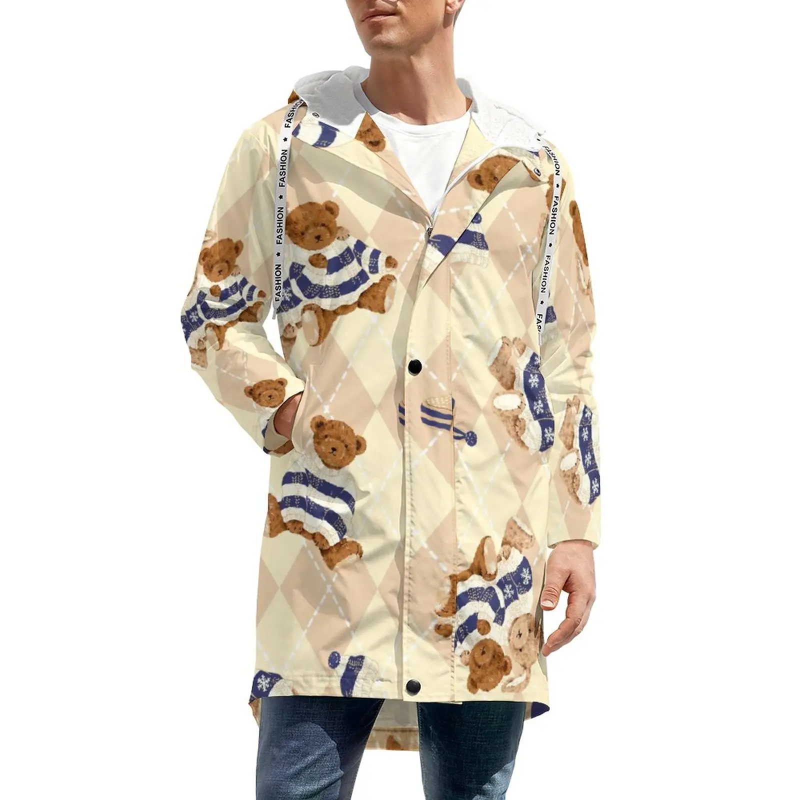 

Cartoon Bear Print Thick Warm Casual Trench Coats Man Geometry Long Winter Jackets Street Wear Design Zip Up Windbreak 5XL 6XL
