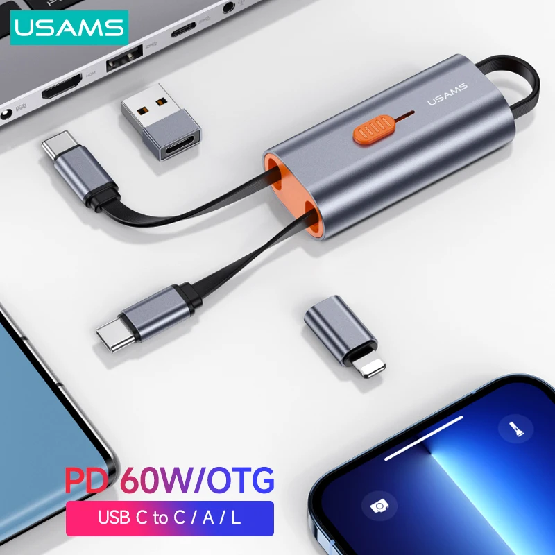 

USAMS U79 PD 60W 4 in 1 OTG Storage Cable Quick Charge Data Cable For iPhone 13 12 11 Huawei Xiaomi Samsung Phone Tablet Laptop