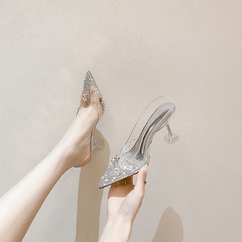 2023 New Summer Women's Single Shoes French Thin Strap Rhinestone Strap Transparent Word Strap High Heels All-match Sandals For