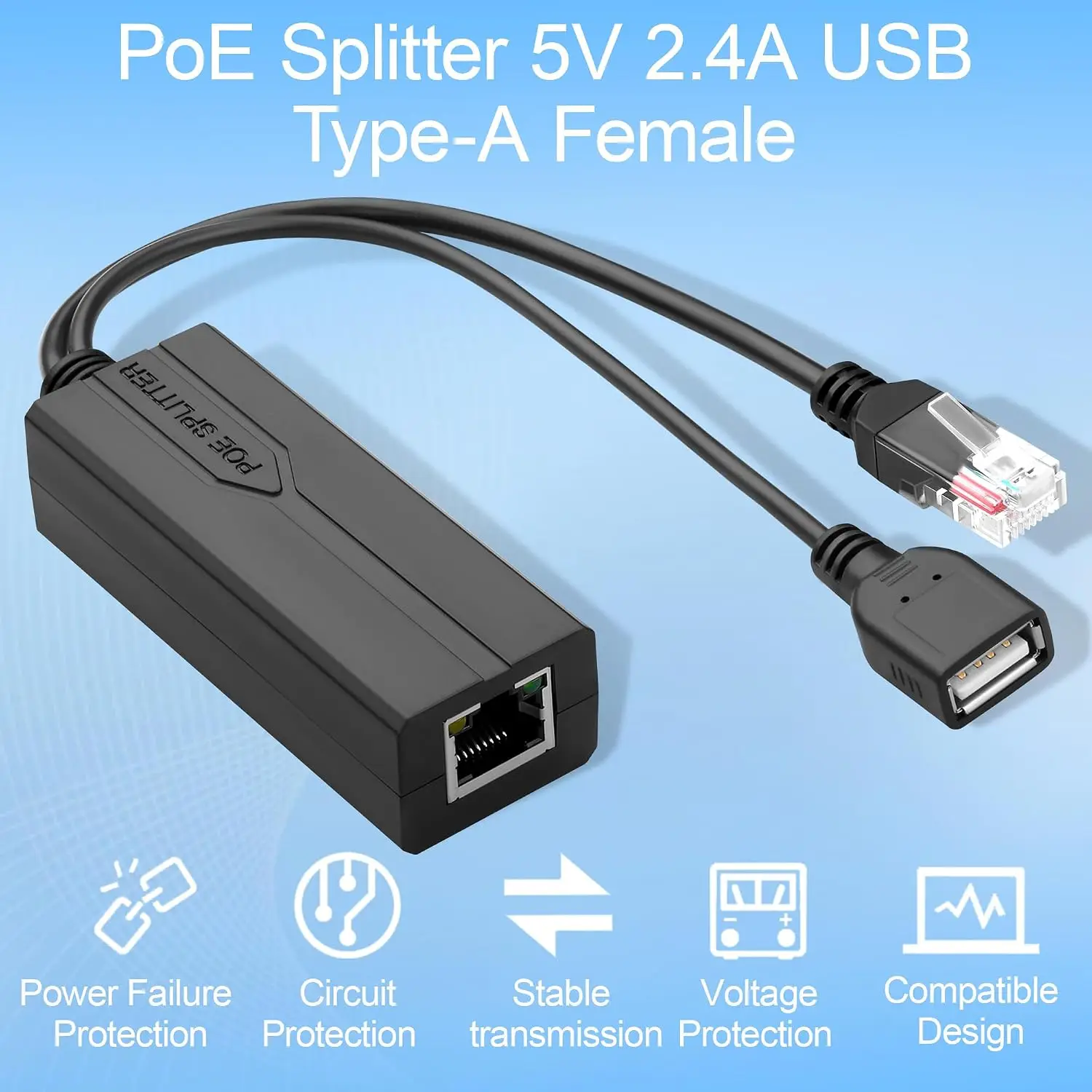 PoE-сплиттер 5В 2.4А USB Type-C (гнездо) IEEE 802.3afat для камер видеонаблюденияVoIP-телефонов (питание по Ethernet) (art.: 3920dc5818b26) - 3920dc5818b26