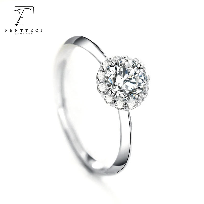 FENTTECI 925 Sterling Silver Round Diamond 1ct Flower Surrounding Diamond Ring New High Carbon Diamond Wedding Proposal Ring