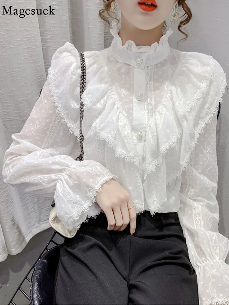 Fashion Ruffle Stitching Elegant Lace Blouse Long Sleeve Loose Chiffon Shirts Korean Style Stand Collar Pleated Top Blusas 15832