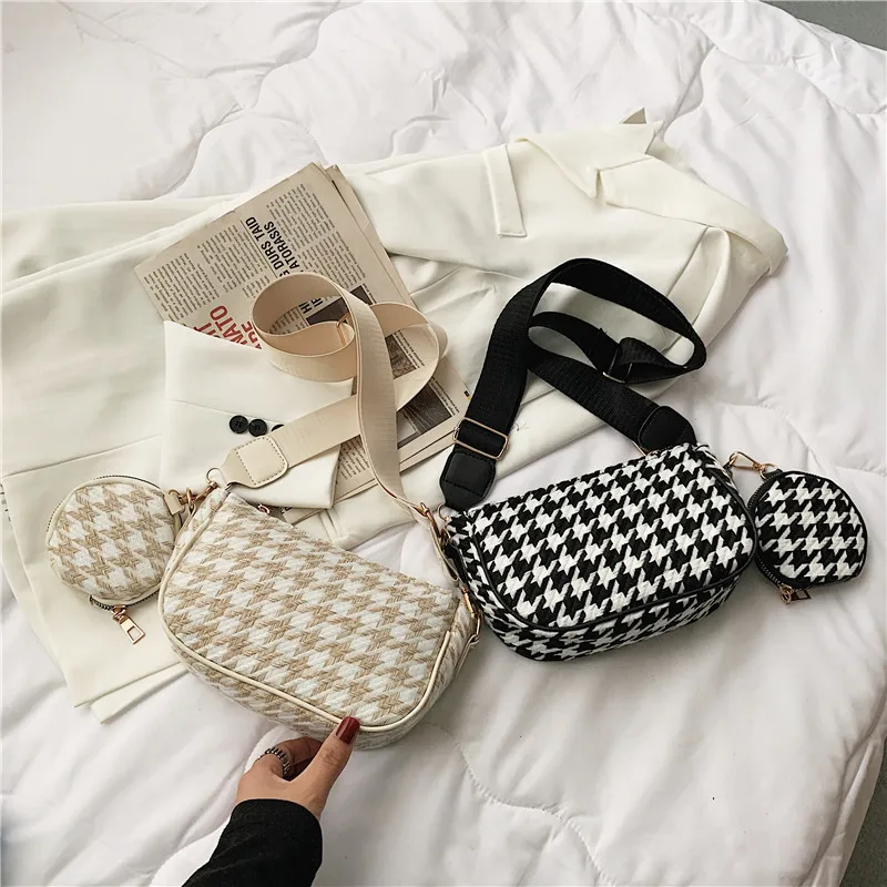 

Female Vintage Plaid Printing Shoulder Bags with Mini Round Purse Pendant Women's Bag Casual Small Crossbody Bags 2pcs