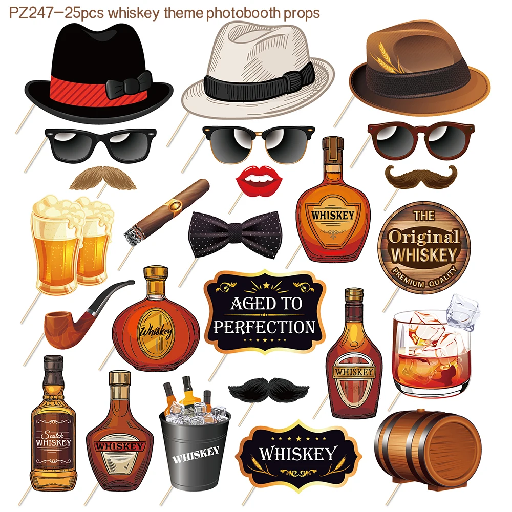 

25pcs Adults Whiskey Wine Beer DIY BIRTHDAY Party Photo Booth Prop Photobooth Props Set Nightclub Graduation Hawaii Party Favors