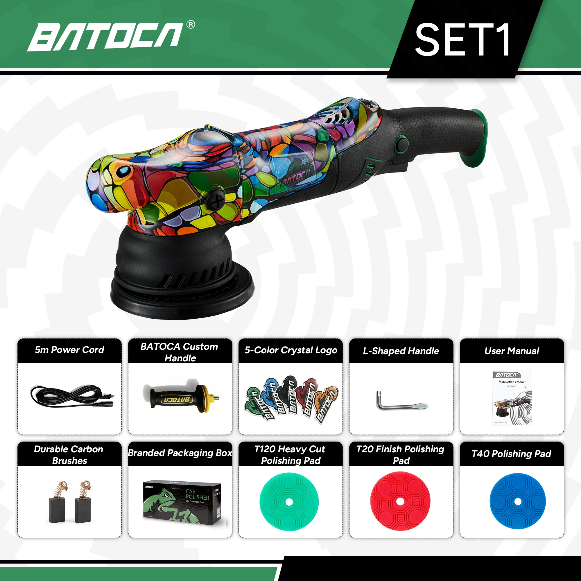 

Полировальная машинка BATOCA P1 Professional DA для автомобиля, 1000 Вт, орбита 15 мм, с уникальным ручным росписью граффити, съемный кабель 5 м, для детализации