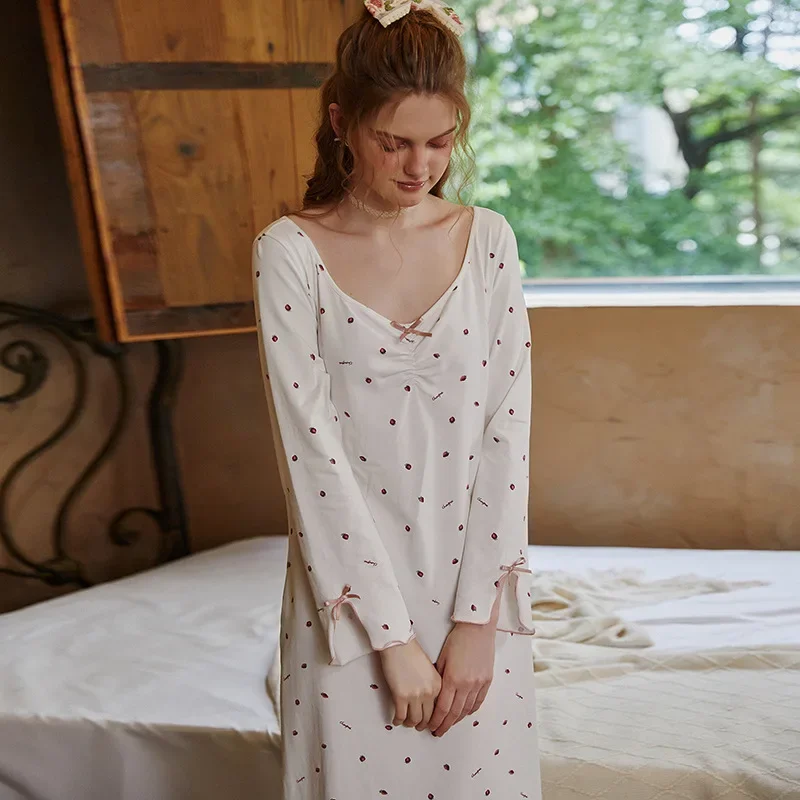 Длинная Ночная рубашка с принтом винтажная свободная хлопковая ночная одежда