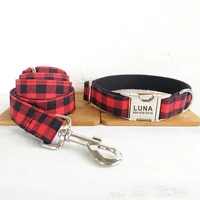 personalized pet collar free engraving custom puppy nameplate id tag adjustable buckle black red suit plaid collars leash set