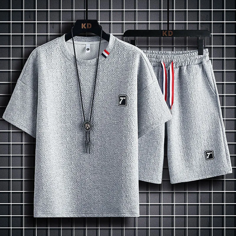 Men's Summer Thin Short-Sleeved Shorts Men's Waffle Shorts Suit Sports Fashion Brand Loose Casual Shorts