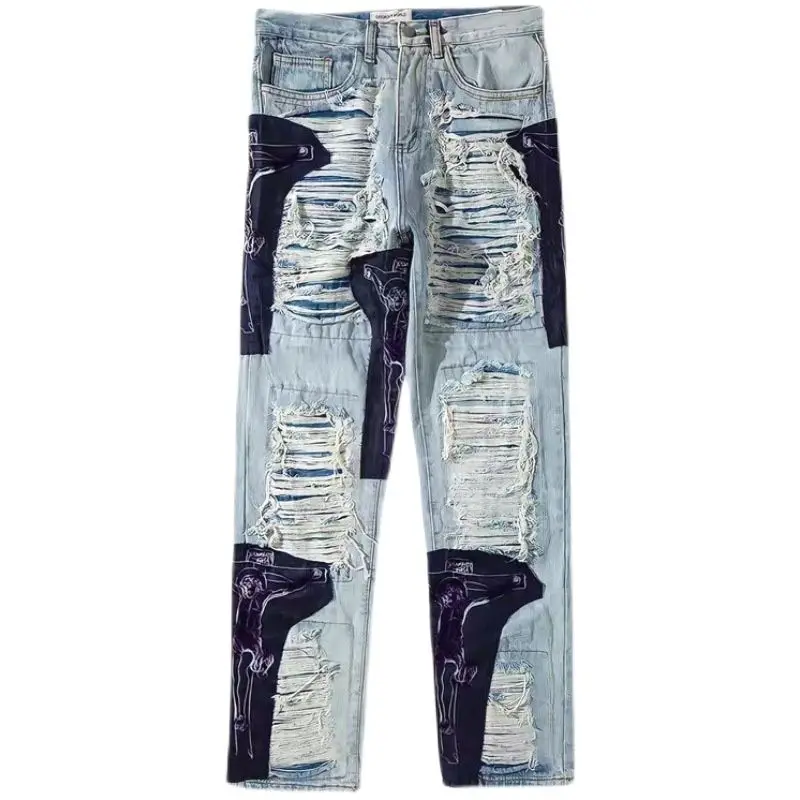 American jeans men's fashion brand high street hole hiphop hip hop straight wash cut cross print stitching denim trousers