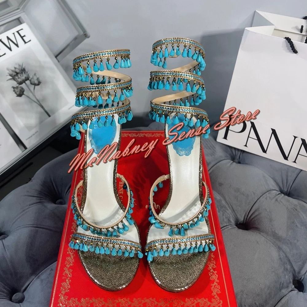 Blue Bead Fringe Sandals Snake Wrapped Slip On Thin High Heels Women Shoes Open Toe Bare Heels Mixed Colors Sandals Summer Party