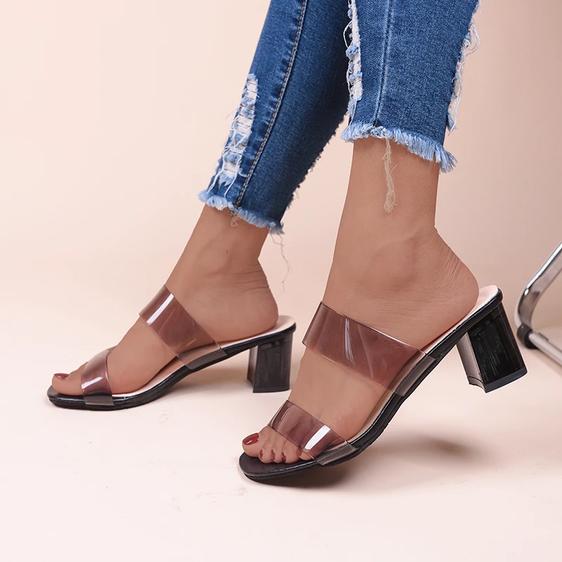 

New Fashion Narrow Band Square Toe Women Slippers Transparent High Heels Women Strange Style Sandals Banquet High Heel Largesize