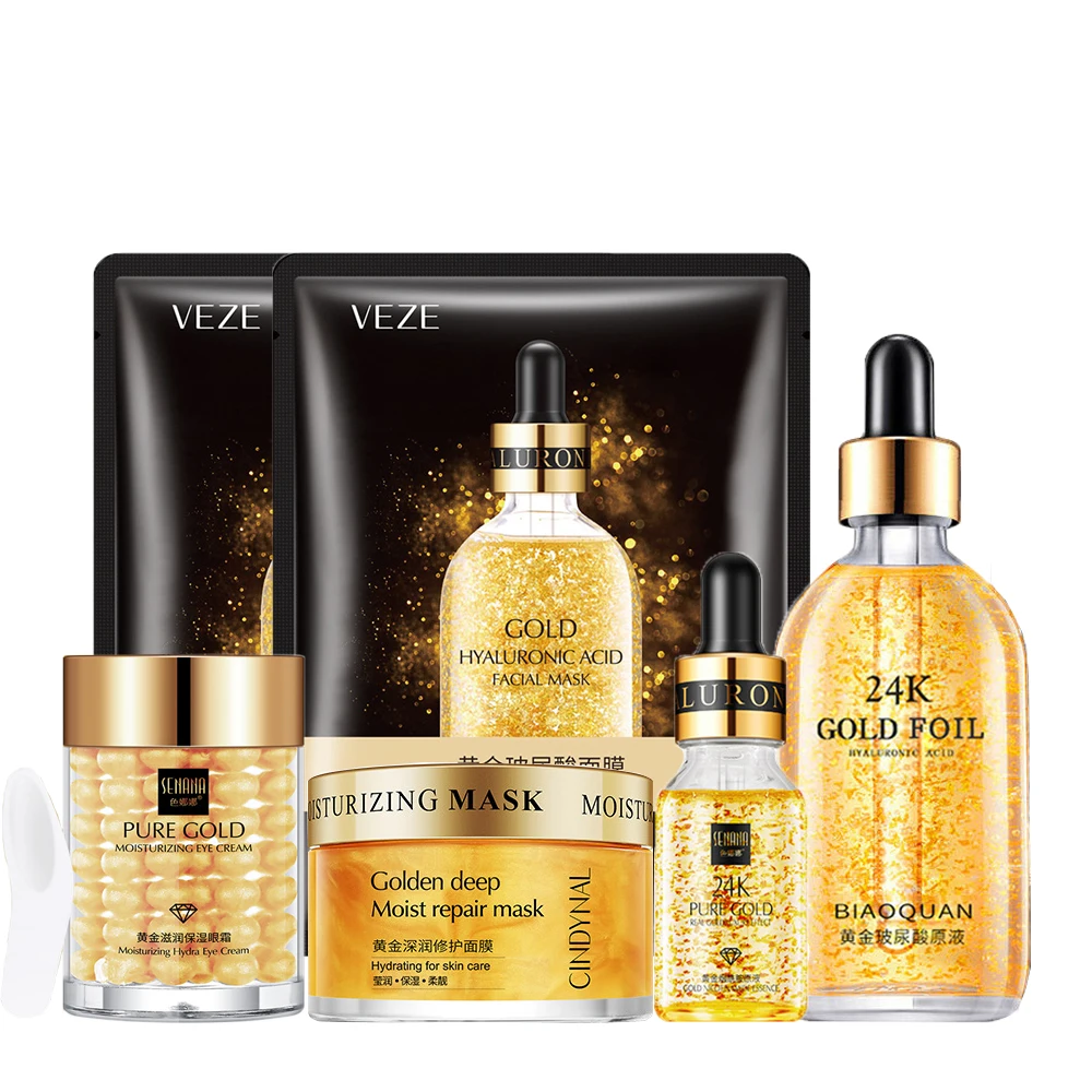 24K Gold Face Skin Care Kit Hyaluronic Acid Nicotinamide Face Serum Moisturizing Brighten Skincare Firming Facial Essence