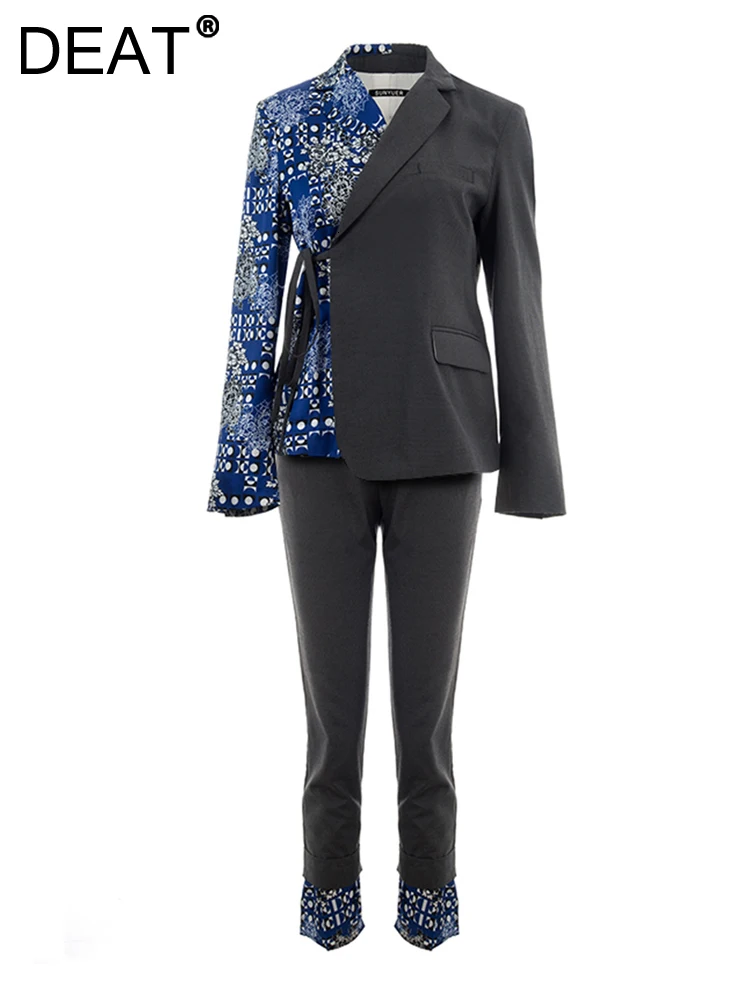 

Женский костюм из блейзера и брюк DEAT, свободный костюм из 2 предметов, Блейзер со шнуровкой и длинным рукавом и брюки с принтом, весна-лето 2022