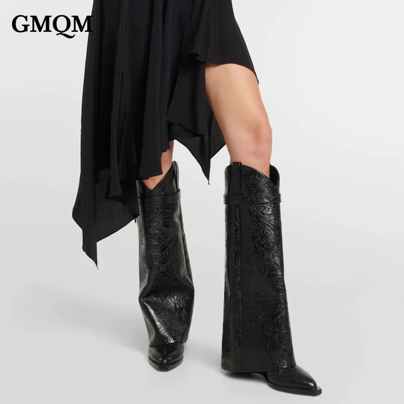 Женские модные черные сапоги GMQM с принтом новинка до колена замком в виде акулы